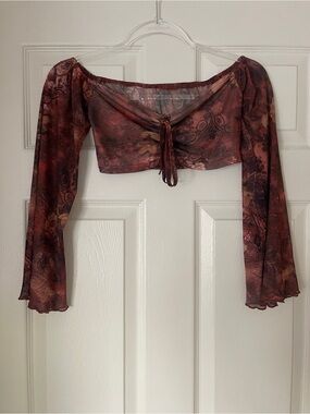 ROMWE Brown Floral Sheer Tie-Front Crop Top